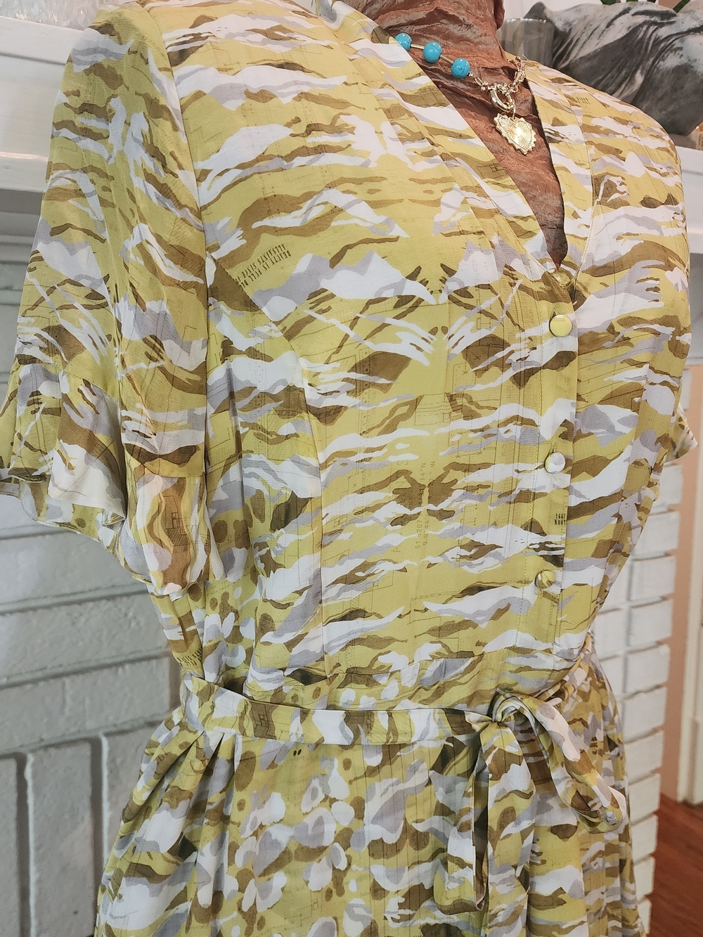 All Saints Yellow White Abstract-Print Button-Front Midi Dress with Tie Waist